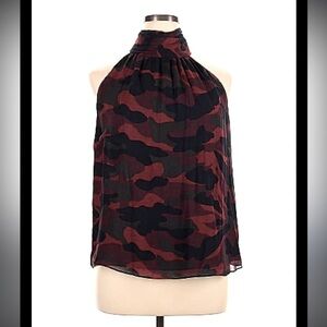 Joie shirt - maroon/gray/navy camo print 100% silk high neck